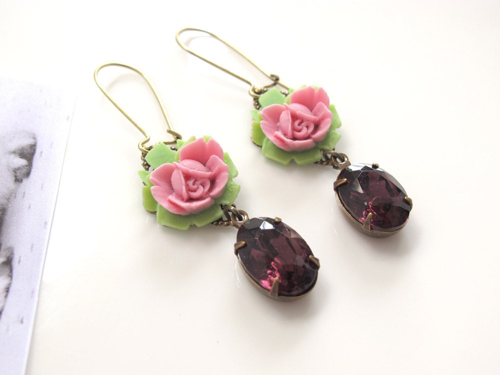 Green and Pink Rose Flowers, Amethyst Vintage Glass, Dangle Drop long Earrings, For Mom, For Her