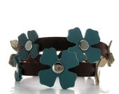 Boho Flowered Brown Leather Wrap Bracelet, A Summer Leather Cuff in Brown, Teal, Aqua, and Cream