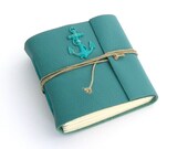 Summer Seaside Journal, A Small Handmade Nautical Leather Journal in Aqua With a Hand Painted Brass Anchor
