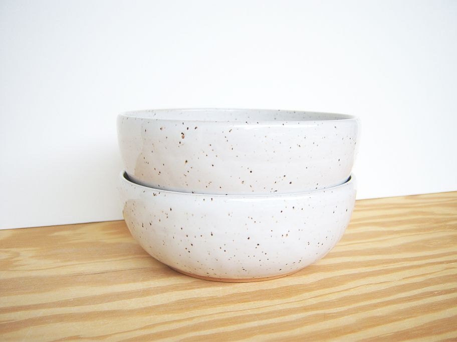 Glossy White Speckled Stoneware Pottery Bowls - Set of 2