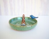 Ring Dish Stoneware Ceramic in Spring Green with Blue Bird Decoration