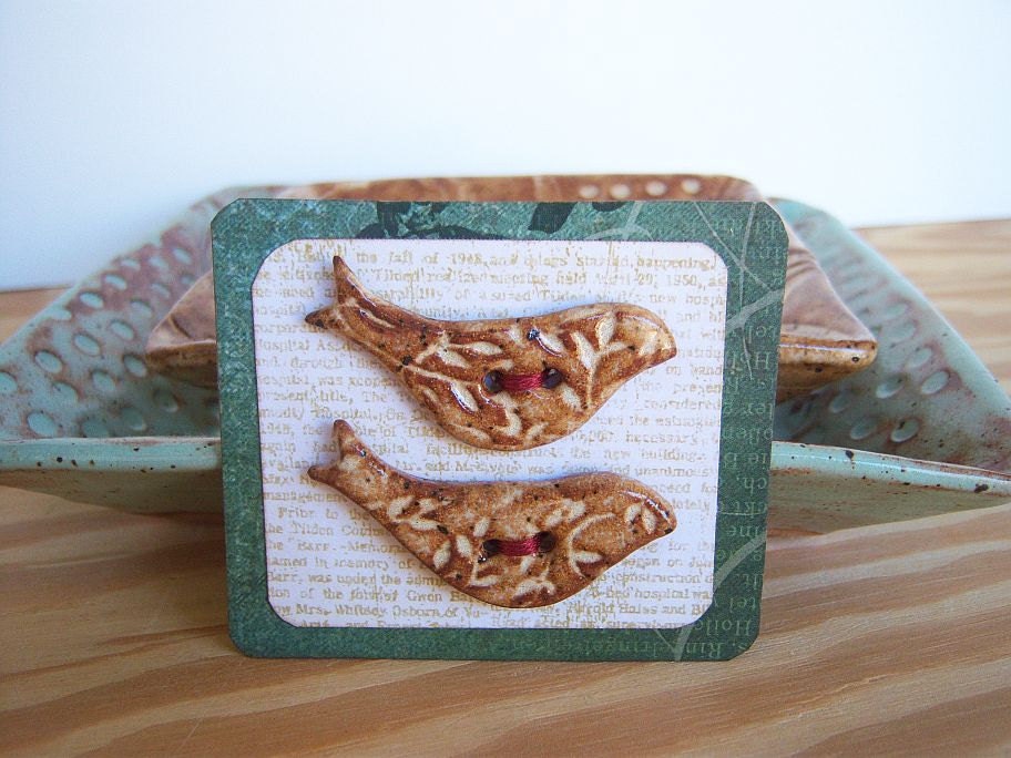Rustic Textured Stoneware Bird Buttons in Speckled Tan Glaze - Set of 2