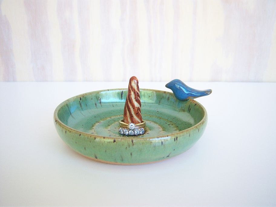 Ring Dish Stoneware Ceramic in Spring Green with Blue Bird Decoration