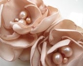 DOUBLE BLOOM fabric flower brooch  corsage pin in nude matte satin with dyed pearls