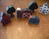 Set of 6 Hand Painted Wooden Houses and Trees