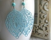 Large leaf earrings, verdigris patina - filigree metal leaves, turquoise blue - long dangles