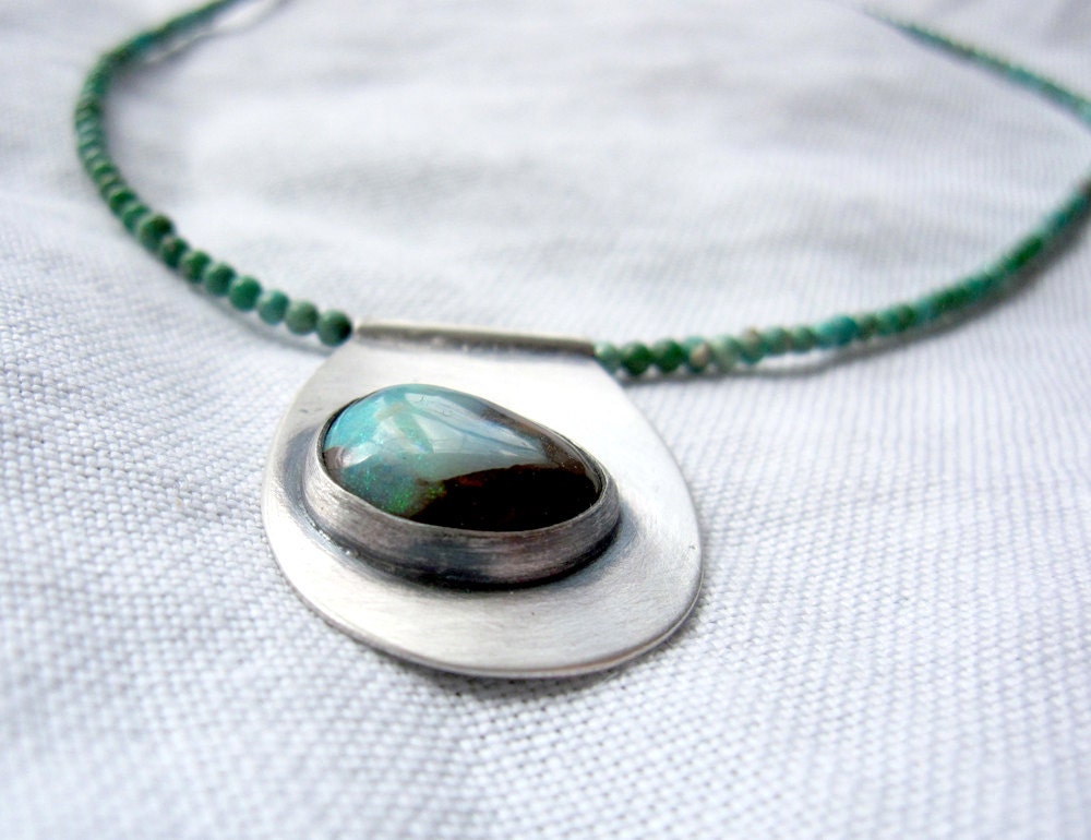 Mineral Spring Necklace - Sterling Silver and Turquoise Beads and Boulder Opal Cabochon