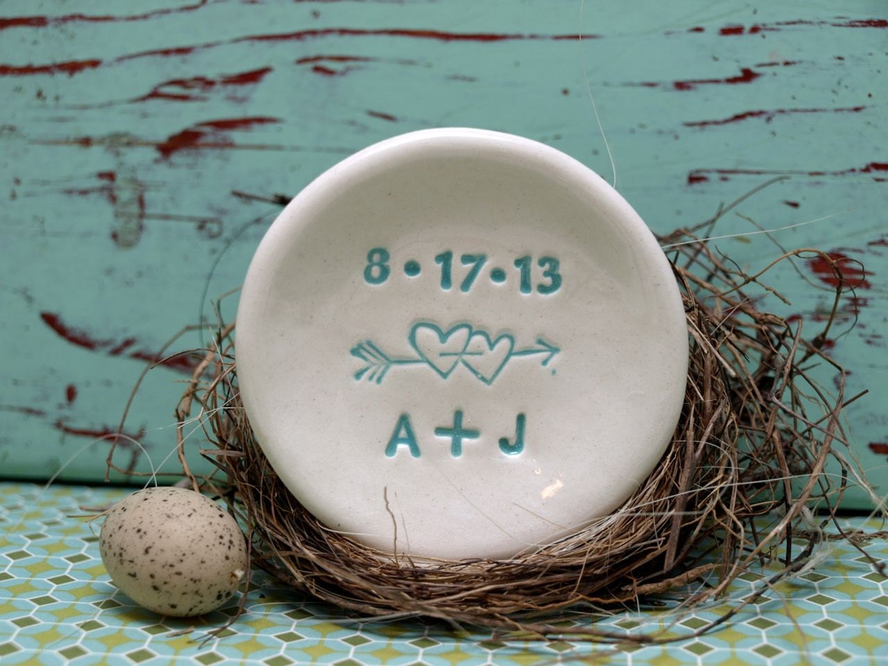 Double Heart Design and Initials and Date on Mini Dish - Personalized