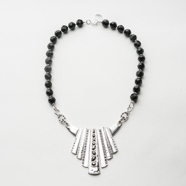 Silver Marcasite with black bead Pendant Necklace