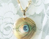 Peacock Feather Locket Necklace, keepsake, secret hiding place