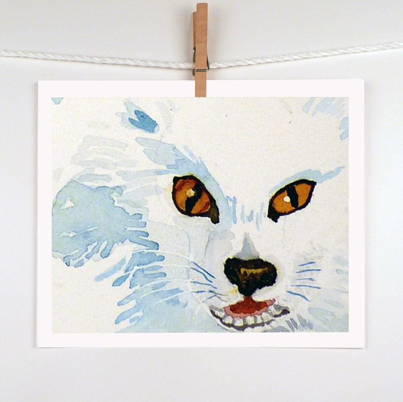 Fox Watercolor Painting Print - Animal Art, Woodland Art, Nature Art - White Fox - Men Women Kids Children - white, yellow eyes - 5 x 7