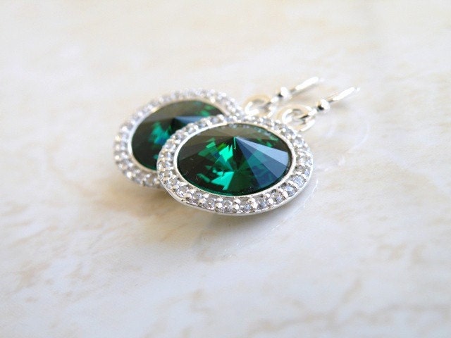 Emerald Green Earrings Swarovski Crystal Rivoli Sterling Silver CZ Halo Bridesmaid Jewelry Wedding Jewelry Bridal