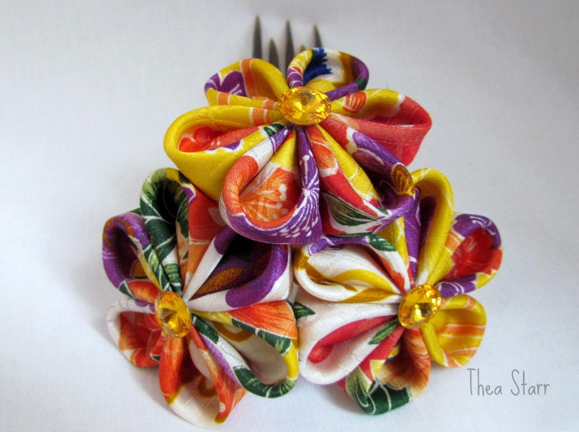Kanzashi Flower Hair Bouquet - Tropical Trio