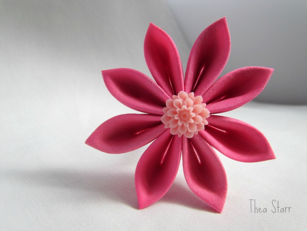 Hot Pink Kanzashi Fabric Flower Hair Stick