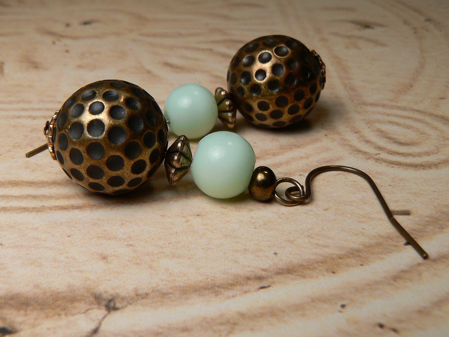 Antiqued Bronze Dangles, Mint Green Earrings, Hammered Bronze Earrings, Rustic Chic Dangles, Bronze and Light Green Earring Drops