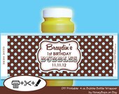 Printable Bubble Label Wrapper Birthday, Baby Shower - Fits 4oz Bottles - Brown Blue Polkadot- Digital PDF file