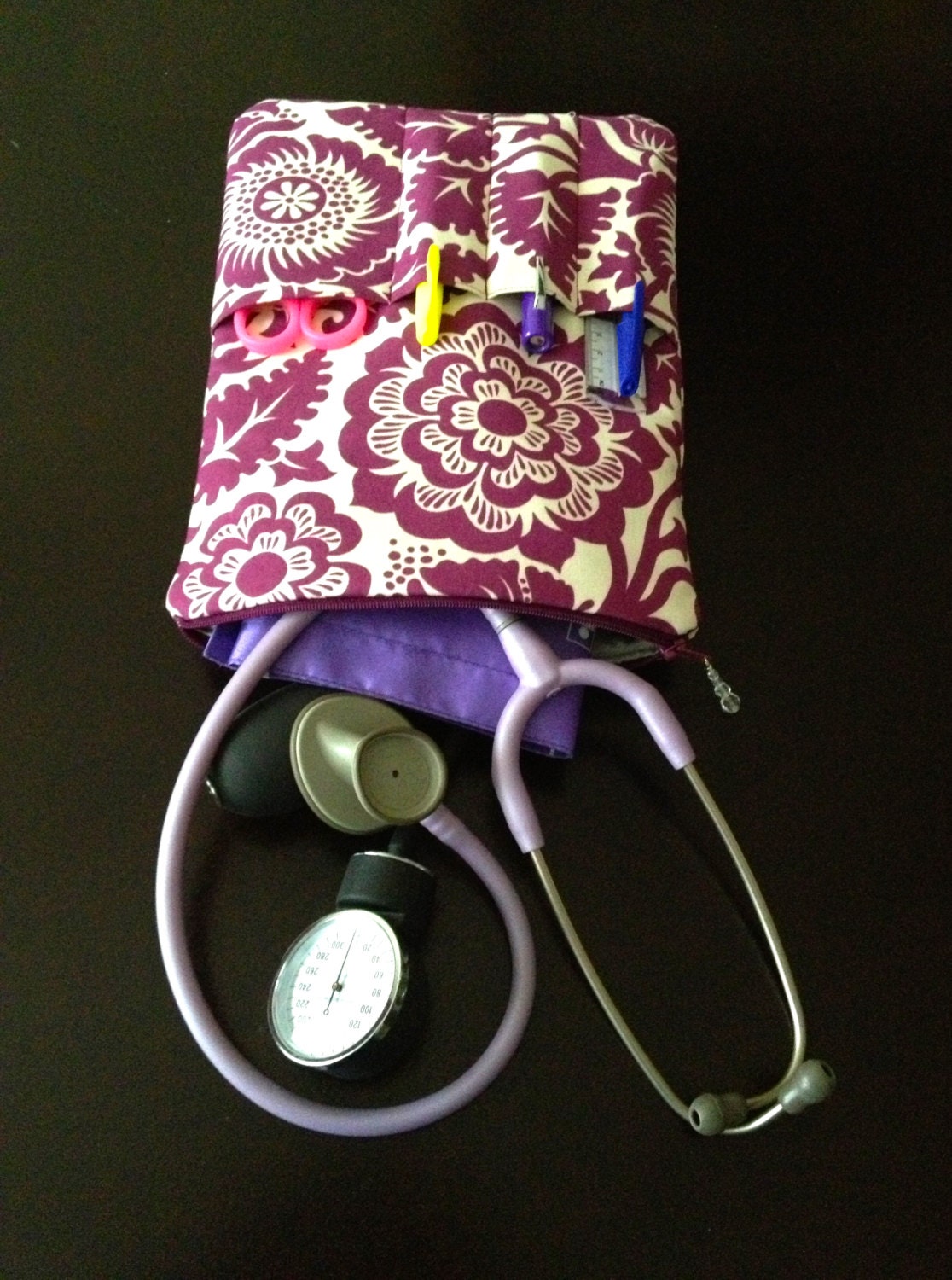 NURSE PURSE, stethoscope & BP cuff case in flowers and wine fabric (medical pouch bag, pockets for penlight and tools)