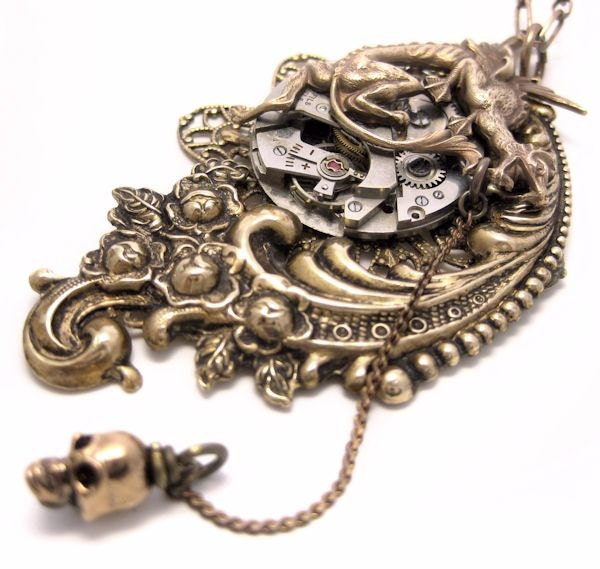 Steampunk necklace,  dragon, griffin or gargoyle necklace with skull, statement necklace, steampunk jewelry