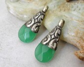 Green Aventurine, Silver Tibetan Pendants- Pair Tibetan Healing Pendants