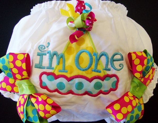 Party Hat Bloomers for baby girls toddler- Personalized Custom Order - Yellow Lime Fuschia Turquoise Polka Dot Bows