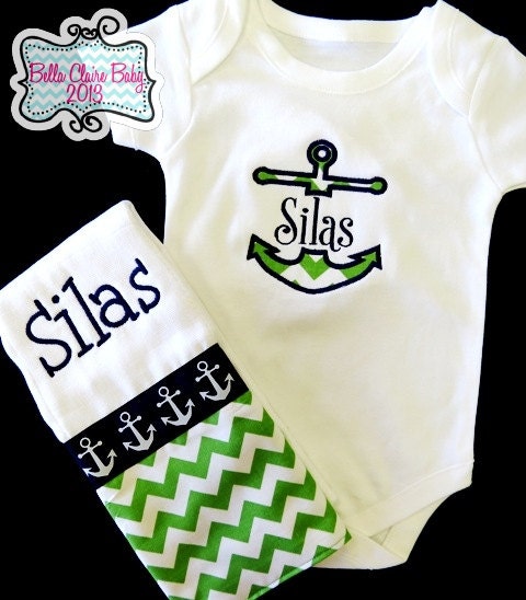 Green Chevron Nautical Anchor Shirt or bodysuit and burp cloth set Personalized Applique name Custom Order- boy baby