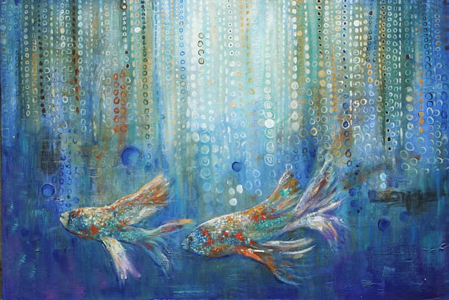 Blue painting aquatic fish abstract modern koi fish