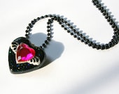 Black Heart Necklace, Resin, Kawaii Winged Pink Heart, Glitter Heart w Wings