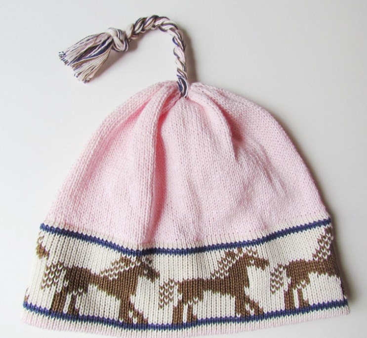 Pink Child Hat Perky Pony Hat Knit Caps for Baby Wild West Horses Pink Brown with Blue Trim