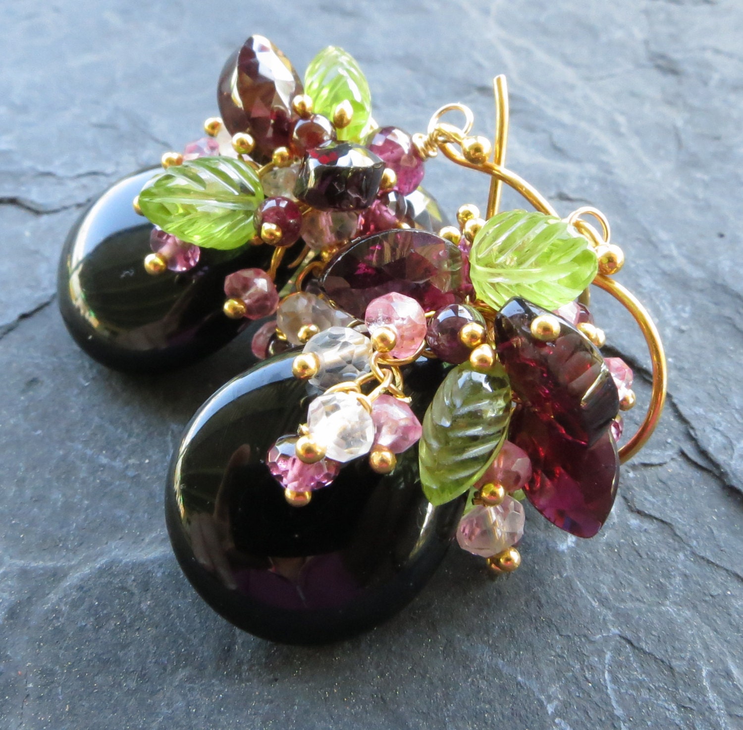 Black onyx, garnet earrings peridot leaves pink tourmaline white topaz gold vermeil cluster dangle woodland fairy bramble secret garden