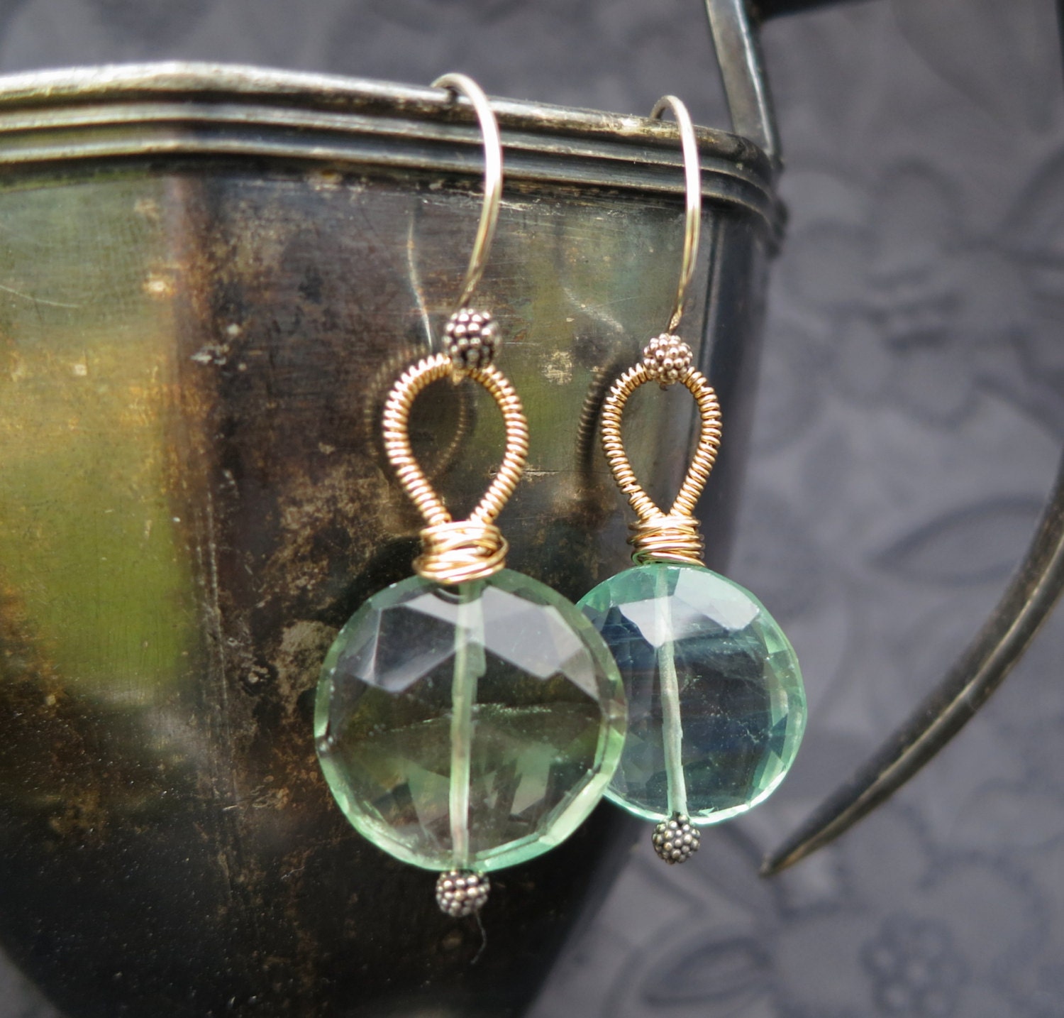 Green gemstone earrings 14k gold fill sterling silver mixed metals modern geometric disk coin fresh frosty mint  pistachio --Fresca--