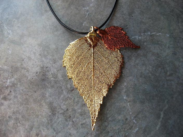 Real Double Leaf Pendant Necklace - Birch - 24k Gold and Iridescent Copper