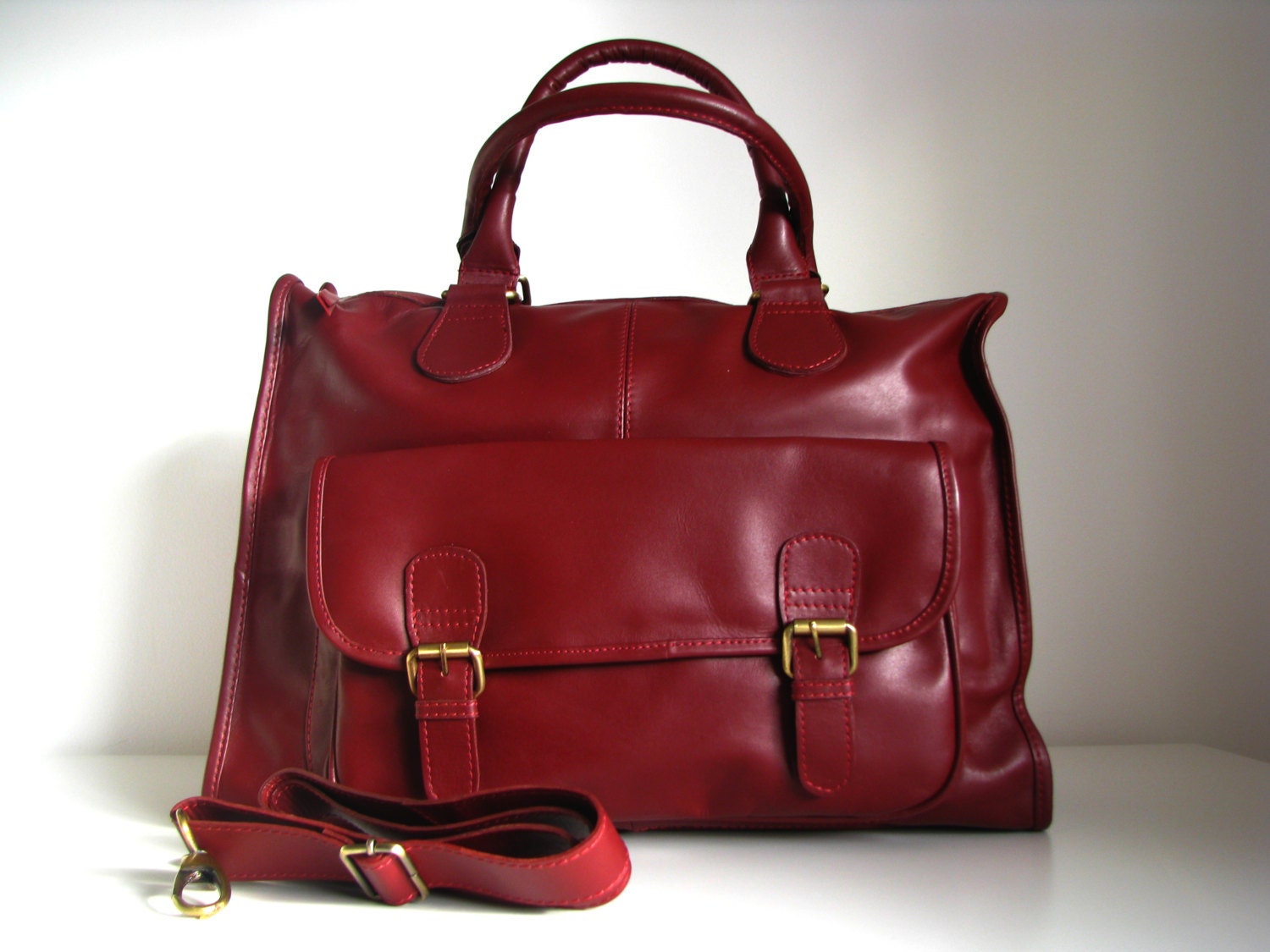 Leather Handbag Laptop Pocket Bag Berry Red