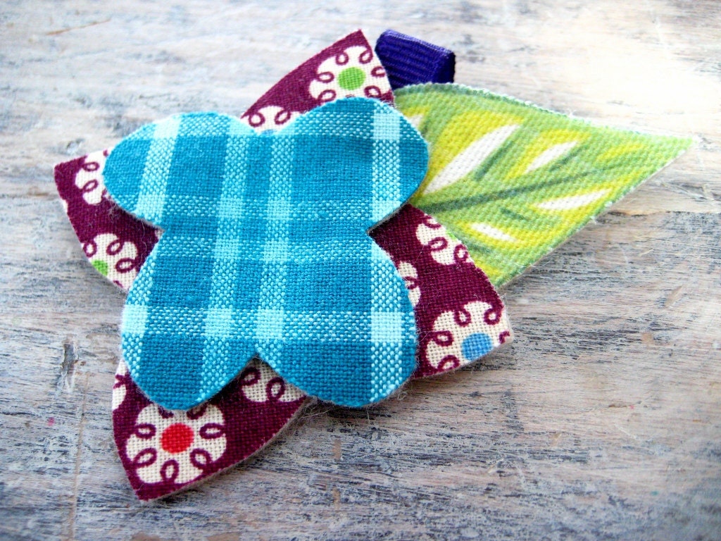 flower barrette - teal, dark purple, and green