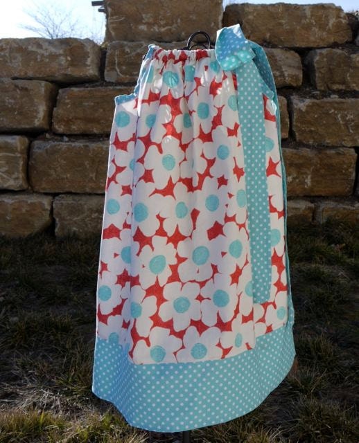 Large poppies spring time dress red and aqua flower poppies pillowcase dress little girl fabric tie dress