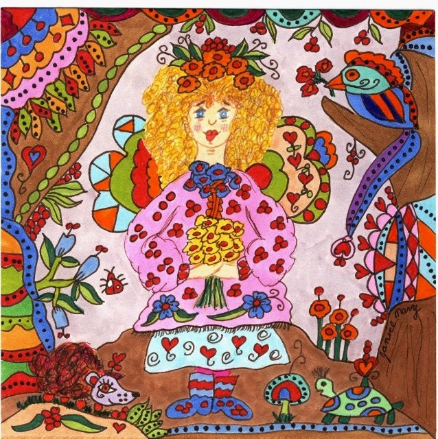 Fairy Whimsical Folk Art Print "Curley", Fantasy, Fairytale, Magic, Enchanted, Vibrant, Colorful. Flowers, Retro, Butterfly, Bird