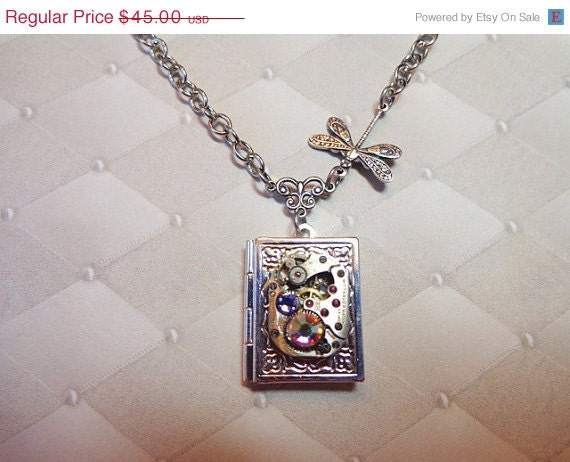 Sale 25% Off Steampunk Once Upon A Time Book Locket With Dragonfly And Crystal
