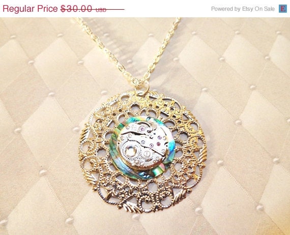 Sale 25% Off Steampunk Vintage Watch Movement And Vintage Abalone Shell Watch Face Filigree Necklace