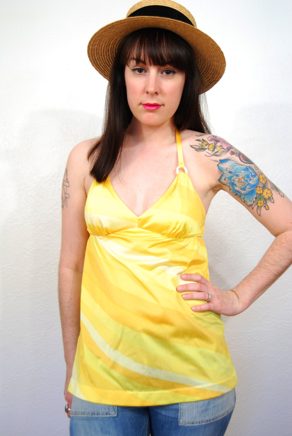 vintage 1960's / yellow / swirl print / halter tank top / mod / mad men / Summer / size S