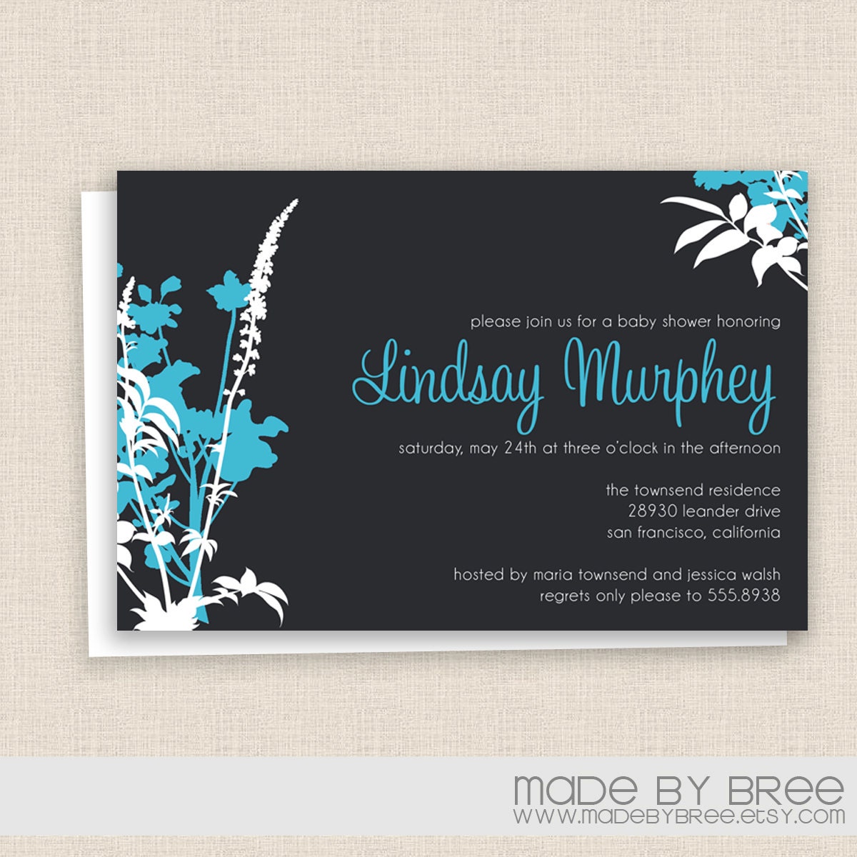Blue and Gray Floral Garden - Modern Shower - Announcement/ Invitation