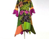Womens Knit Dress, Size Medium (12,14 ), Green and Fuchsia and Brown, Colorful Jungle Print