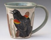 Stoneware Mug with carved Red-winged Blackbirds and cattails--1 of 4