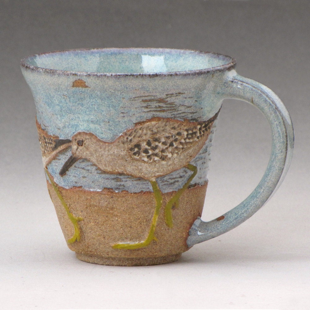 BIRDS & BEACH MUG -- With 3 Lesser Yellowlegs and Pale Blue Glaze