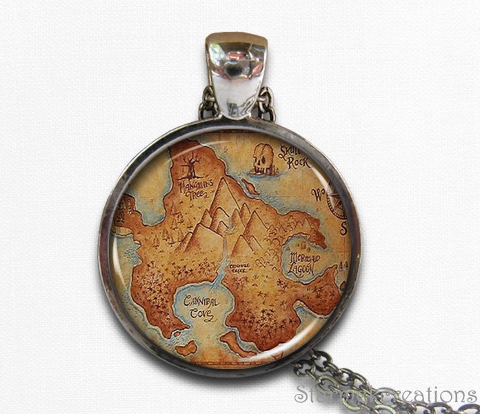 Peter Pan Neverland map necklace , Once upon a time necklace Peter Pan jewelry Round bezel resin pendant , fairy fantasy jewelry