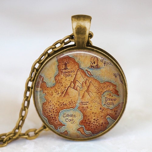 Peter Pan Neverland map  antique bronze necklace Peter Pan jewelry Round bezel resin pendant , fairy fantasy jewelry