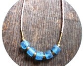 Beaded statement necklace - color blocked grey and dusty rose seed beads, brass and blue sea glass