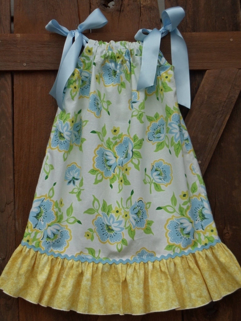 Girls Easter Spring Blue/Yellow floral Pillowcase dress sizes 12-18-24 month -2-3-4-5T