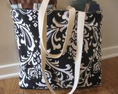 Tote bag, Large Beach Tote, Damask, Fleur de lis Beach Bag, tote bag  black,