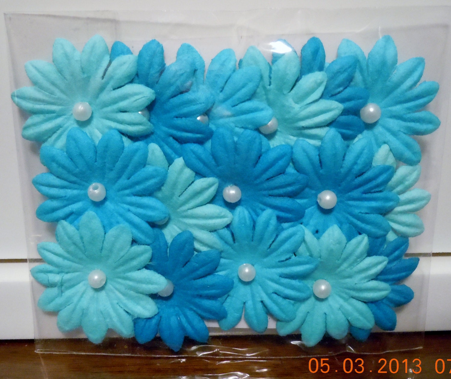 Blue Pearled Mulberry Paper Flowers-Set Of 16