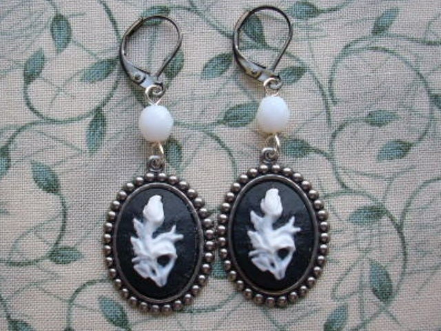 Black & White Floral Cameo Gunmetal Earrings (Coupon Sale On)