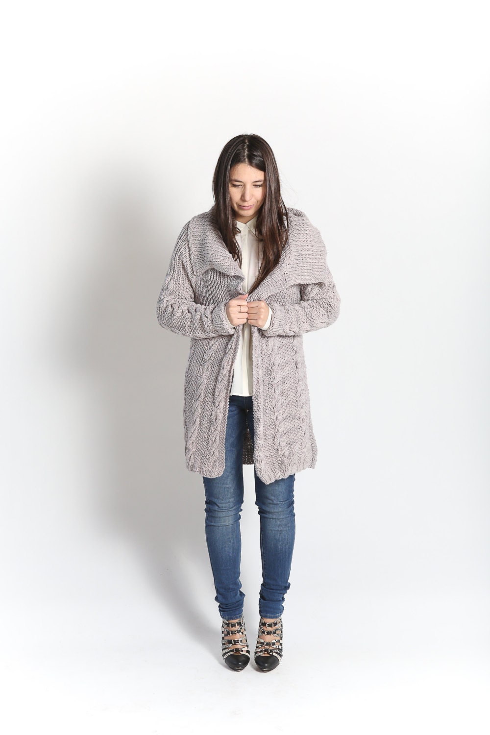OOAK Hand knit Sweater Cardigan in my own kettle dyed Merino wool Taupe Grey color